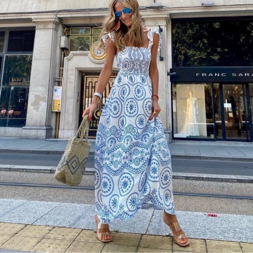 Zara Blue and White Eyelet Embroidered Dress